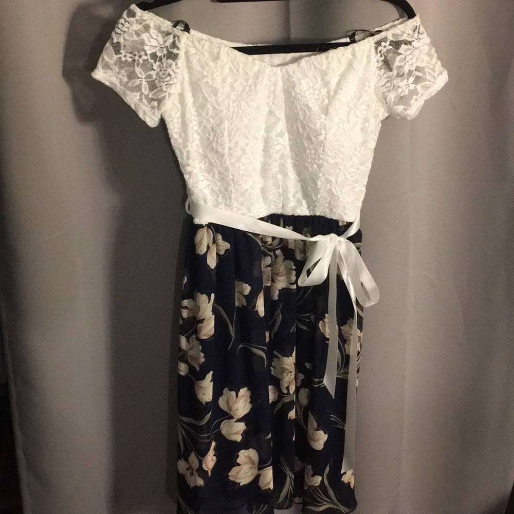 Off the Shoulder Dress w/ Lace Top & Floral Skirt